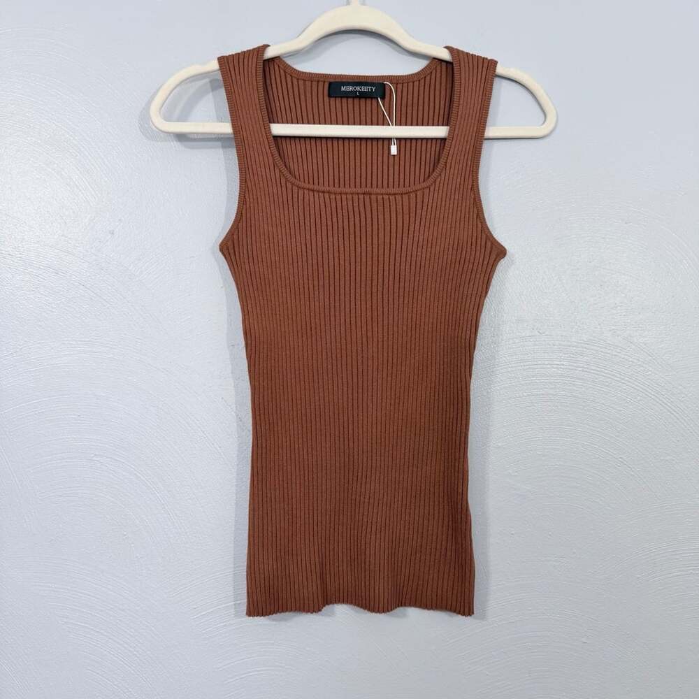 MEROKEETY Brown Ribbed Knit Tank Top Square Neck Fitted Sleeveless Size L NWOT